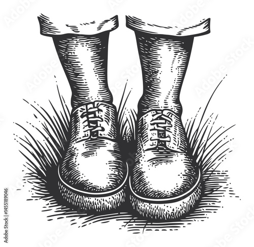 Vintage Illustration of Classic Shoes on Grass with Detailed Texture