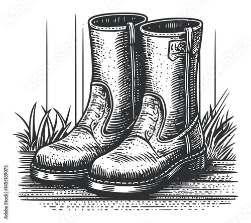 Vintage Work Boots on Wooden Surface Surrounded by Grass and Nature