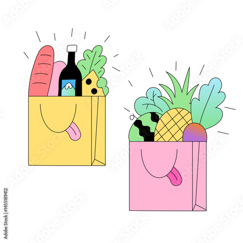 Grocery shopping bags with food and fruits in colorful style