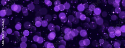 Purple bokeh with stars and sparkles, shiny overlay decoration, abstract Christmas background. Vector illustration.
