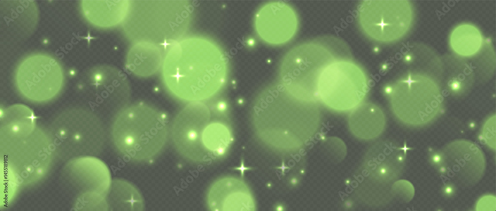 Green bokeh with stars and sparkles, shiny overlay decoration isolated on grey background. Vector illustration.