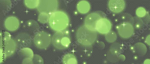 Obraz na płótnie Green bokeh with stars and sparkles, shiny overlay decoration isolated on grey background. Vector illustration. w salonie