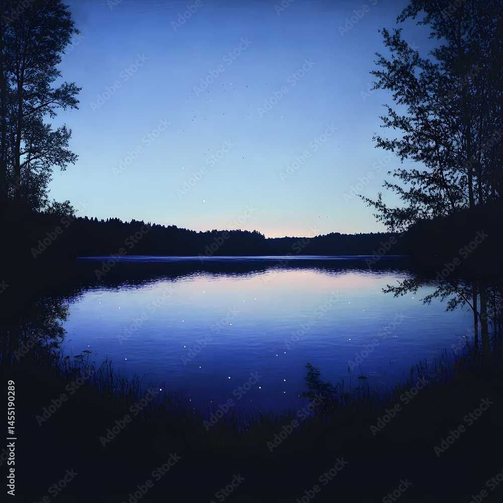 Fototapeta premium Tranquil Nightfall: A Symphony of Stars and Silhouettes Against a Deepening Horizon