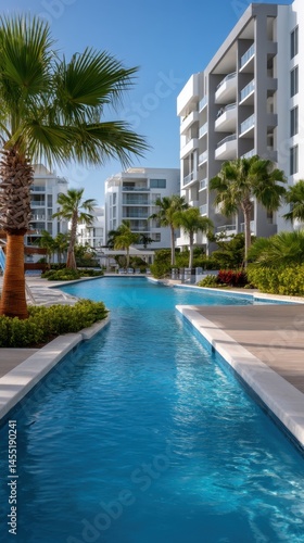 Resort style luxury apartment complex with modern architecture and long swimming pool under a clear blue sky