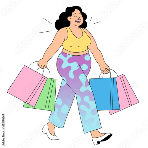 Confident woman walking with colorful shopping bags