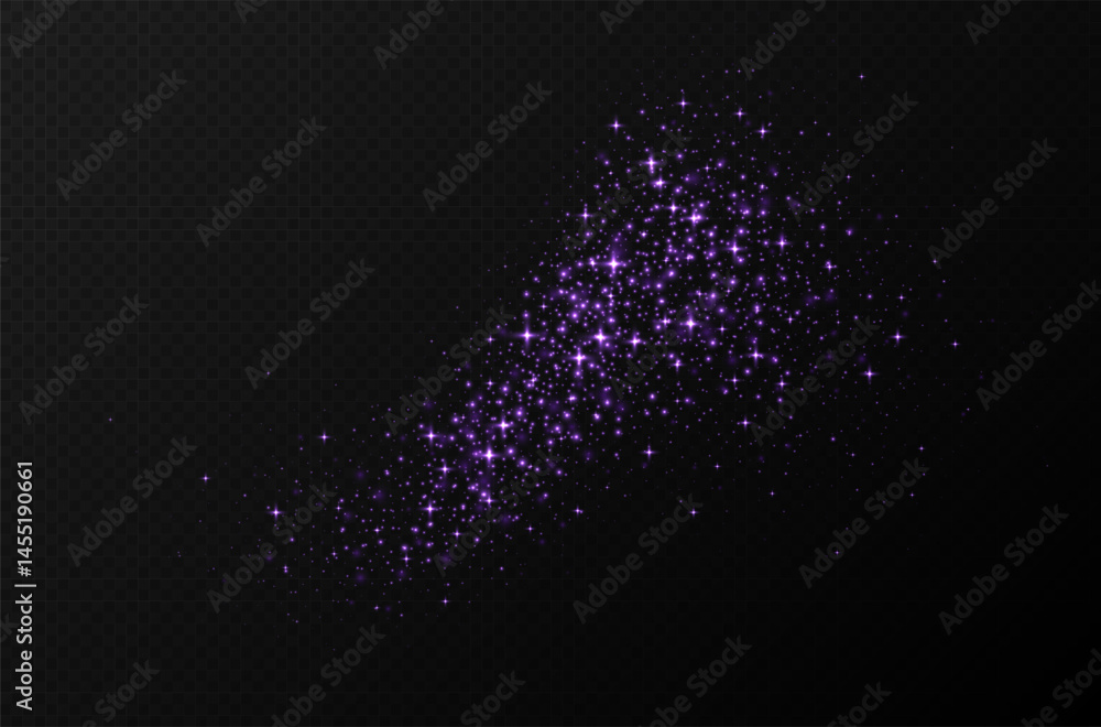 Purple sparkling stars, shiny particles light effect, transparent flying stardust texture, abstract twinkle Christmas decoration. Vector illustration.