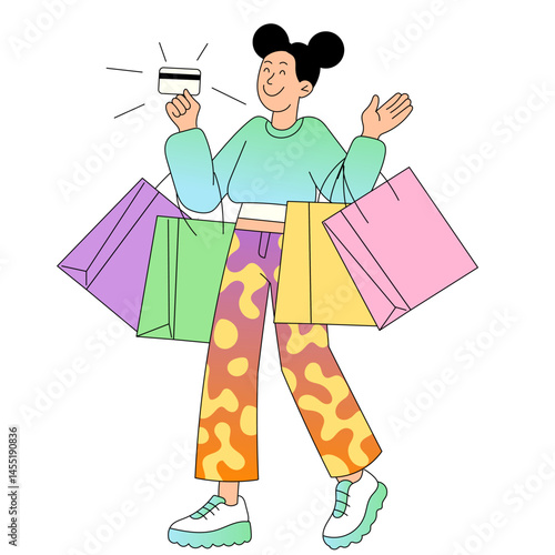 Happy woman holding credit card and shopping bags with smile