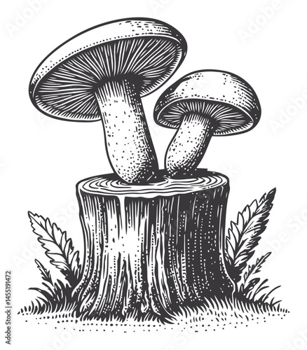 Hand-Drawn Mushrooms Growing on Tree Stump Surrounded by Ferns