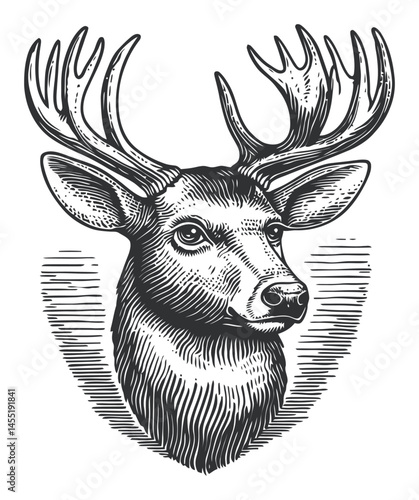 Vintage Engraving of a Majestic Deer Head with Antlers