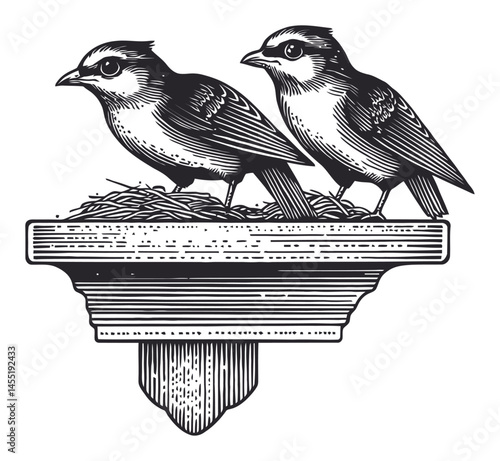 Two Songbirds Nesting on Wooden Shelf in Vintage Engraving Style