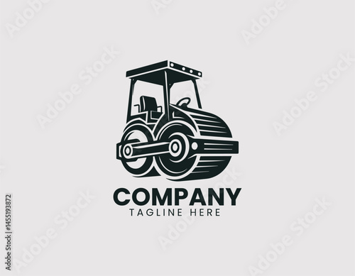 Modern heavy equipment roller vector logo illustration. Industrial compactor machine for construction branding.