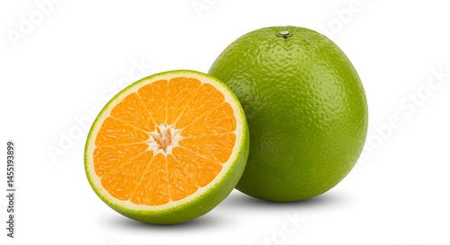 Whole green orange and half orange cut open showing juicy flesh.