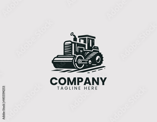 Grader heavy machinery vector logo illustration. Industrial construction equipment design in clean modern style.