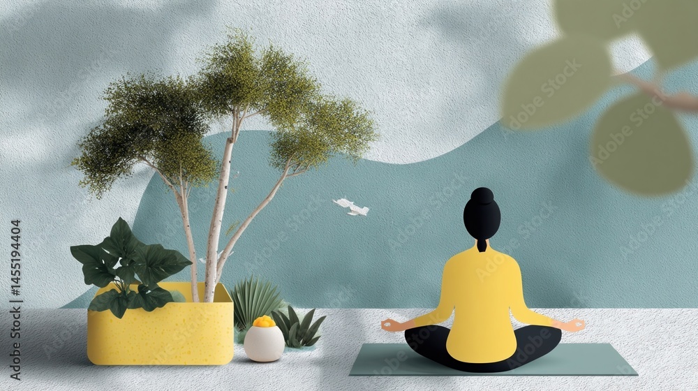 A serene outdoor scene featuring a person practicing yoga on a mat surrounded by greenery promoting mental wellbeing.