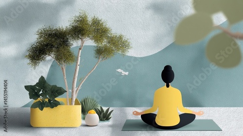 Obraz na płótnie A serene outdoor scene featuring a person practicing yoga on a mat surrounded by greenery promoting mental wellbeing. w salonie
