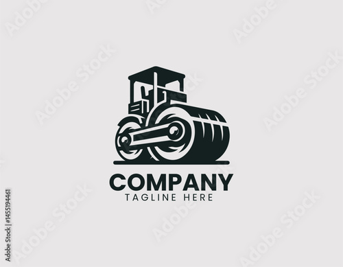 Modern heavy equipment roller vector logo illustration. Industrial compactor machine for construction branding.