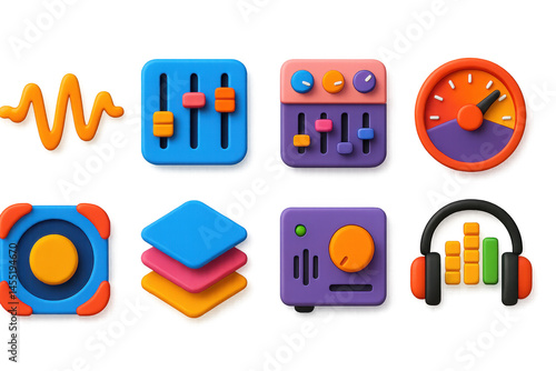 3D icon set of sound designer tools: waveform, audio mixer, plugin interface, frequency dial, surround icon, audio layers, reverb box, headphone meter.
