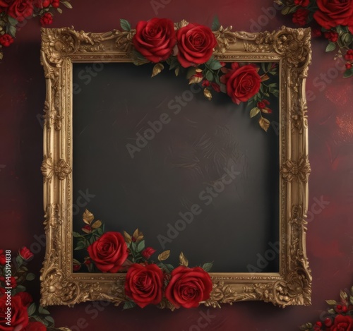Deep red roses & gold leaf frame, aged finish ,  stylish,  retro style,  aesthetic