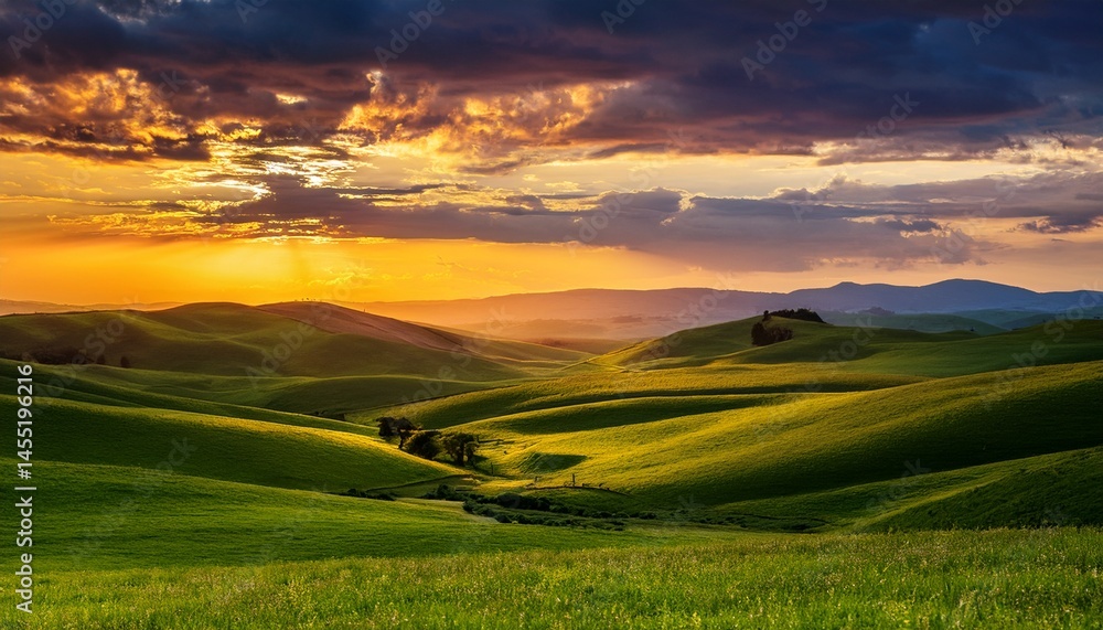 Fototapeta premium serene sunset over rolling green hills and dramatic cloudscape