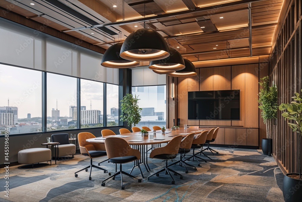 Fototapeta premium Innovative Collaboration Space Design for Meetings and Conferences Featuring Modern Indoor Furnishings and Layout