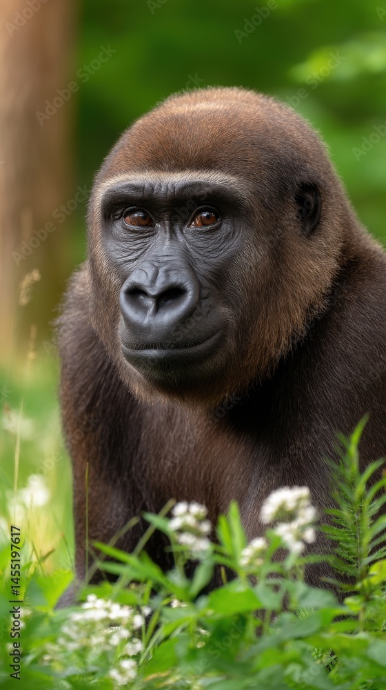 Portrait of a thoughtful gorilla looking at the camera from behind green grass and small white flowers in a forest Portrait of a thoughtful gorilla looking at the camera from behind green grass and small white flowers in a forest