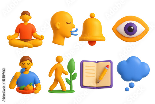 3D icon set of mindfulness practice: lotus pose, focused breath, meditation bell, awareness symbol, mindful eating, nature walk, journal prompt, thought cloud. photo