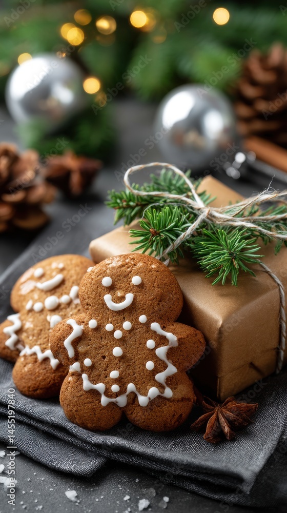 Festive Holiday Gingerbread Man Cookies with Christmas Gift and Silver Ornaments Festive Holiday Gingerbread Man Cookies with Christmas Gift and Silver Ornaments
