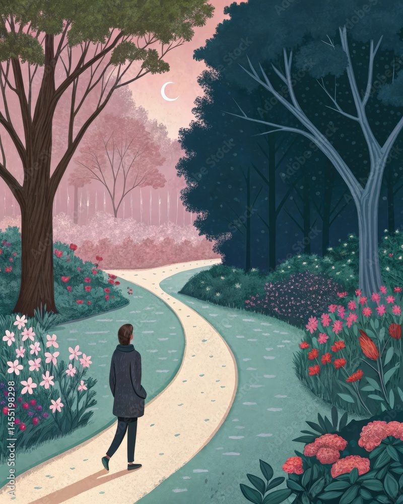 A person standing at a crossroads with one path leading to a lush garden and the other to a dark forest depicting the choices between moral virtue and temptation.