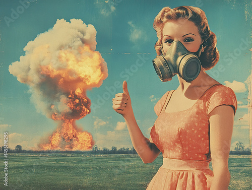 Vintage style advertisement with a smiling woman and an explosion in the background.
