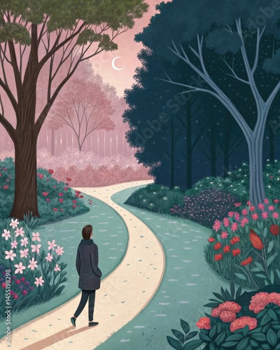Obraz na płótnie A person standing at a crossroads with one path leading to a lush garden and the other to a dark forest depicting the choices between moral virtue and temptation. w salonie
