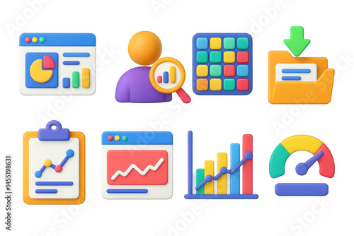 3D icon set of education data analytics: course stats dashboard, learner behavior icon, activity heatmap, data export, test trends, graph analysis, usage chart, performance index.