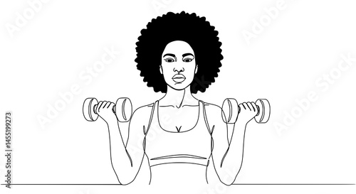 Mulher brasileira afro praticando esporte com halteres, arte linear vetorial minimalista