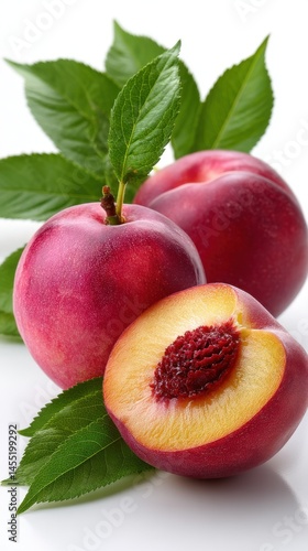 Fresh nectarines with leaves on a white surface, including a halved fruit revealing the inner flesh and pit.