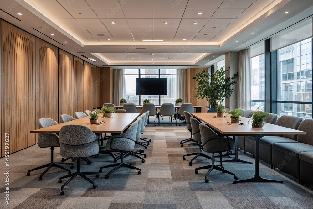Fototapeta premium Versatile Functional Meeting Space with Adaptable Tables and Seating Options