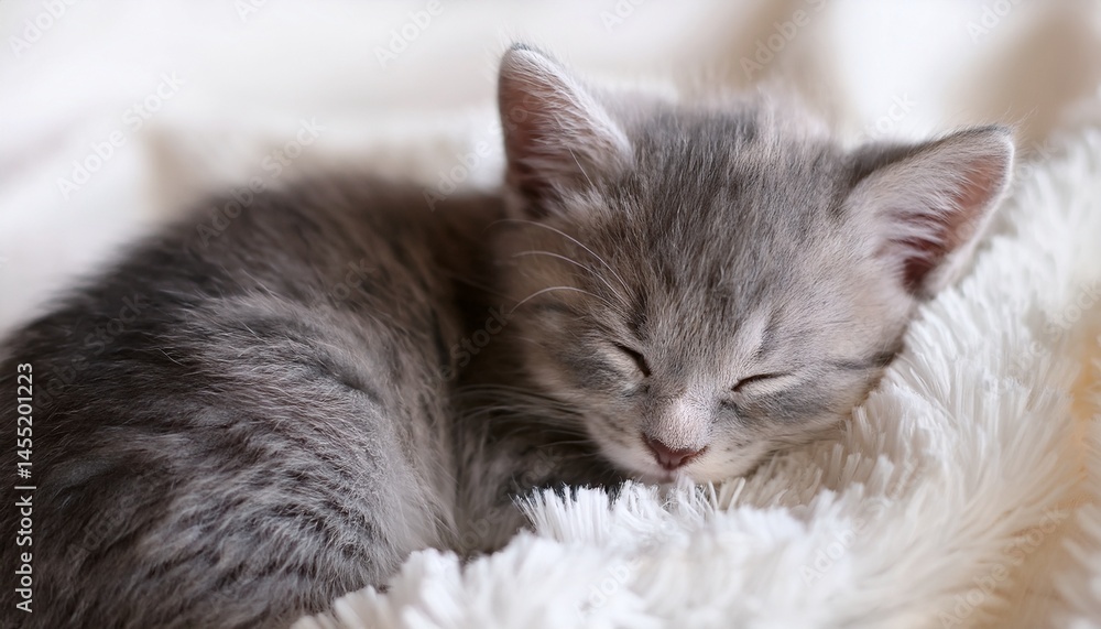 Obraz premium cute little gray kitten sleeps on fur white blanket
