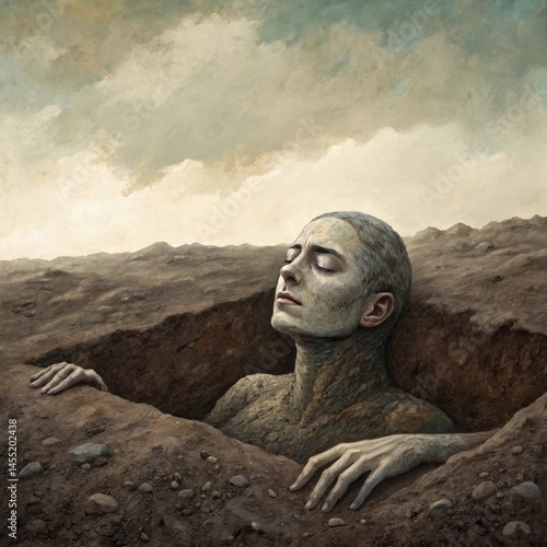 A halfburied figure in earth and stone with only its upper body visible embodying the buried traumas and unresolved issues that can shape ones identity and existence.