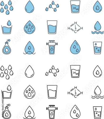 Water line icon set. Rain drops, glass, H2O molecule, purification filter, pure aqua outline vector illustration. Linear pictogram for drink. Editable Stroke