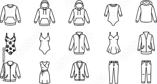 Clothes line icons set. Sweatshirt, hoody, pullover, bath suit, jacket, evening dress, cardigan, trousers visualization vector illustration. Outline signs of fashion apparel. Editable Stroke