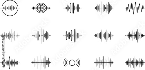 Sound waves flat line icons set. Vibration, soundwave, audio voice signal, abstract waveform frequency vector illustrations. Outline pictogram for music app. Editable Strokes