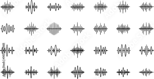 Sound waves flat line icons set. Vibration, soundwave, audio voice signal, abstract waveform frequency vector illustrations. Outline pictogram for music app. Editable Strokes