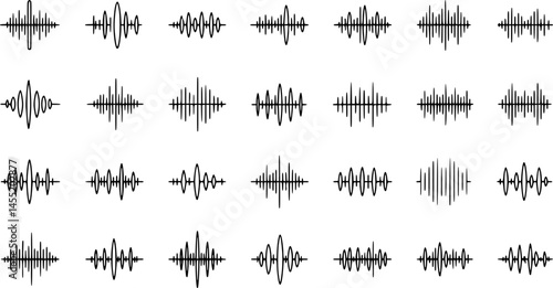 Sound waves flat line icons set. Vibration, soundwave, audio voice signal, abstract waveform frequency vector illustrations. Outline pictogram for music app. Editable Strokes