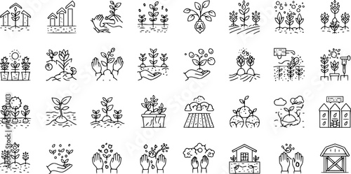 Plant growing line icons set. Spring growth stage, seeds, seedling, drought, soil testing, agriculture vector illustration. Outline signs for gardening. Editable Stroke