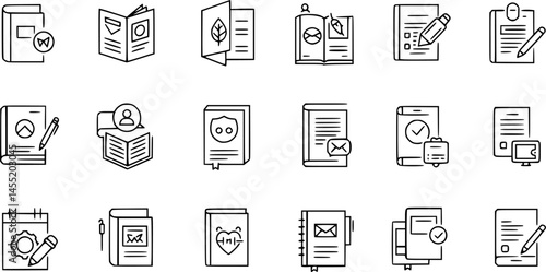 Brochure line icons set. Flyer leaflet, catalogue, booklet, magazine, letterhead, open book and other polygraphy vector illustration. Outline signs for print shop. Editable Stroke