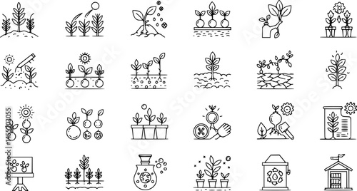 Plant growing line icons set. Spring growth stage, seeds, seedling, drought, soil testing, agriculture vector illustration. Outline signs for gardening. Editable Stroke