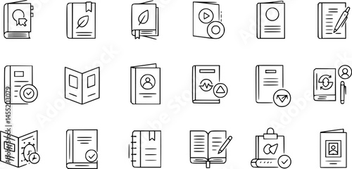 Brochure line icons set. Flyer leaflet, catalogue, booklet, magazine, letterhead, open book and other polygraphy vector illustration. Outline signs for print shop. Editable Stroke