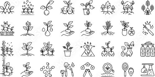 Plant growing line icons set. Spring growth stage, seeds, seedling, drought, soil testing, agriculture vector illustration. Outline signs for gardening. Editable Stroke