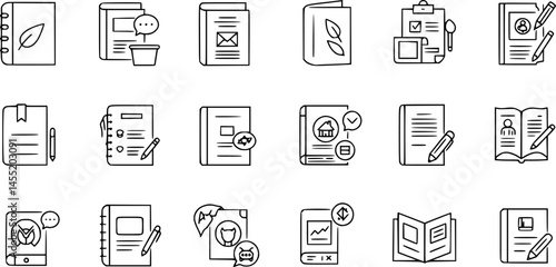 Brochure line icons set. Flyer leaflet, catalogue, booklet, magazine, letterhead, open book and other polygraphy vector illustration. Outline signs for print shop. Editable Stroke