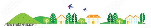 Green Hills Village with Flying Swallows/ツバメが飛んでいる緑の丘のある村