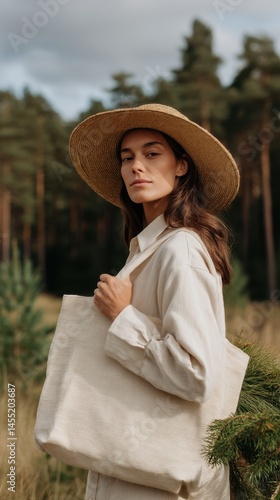 Elegant woman in a straw hat and linen outfit holding a natural canvas tote bag outdoors in a forest setting for sustainable living