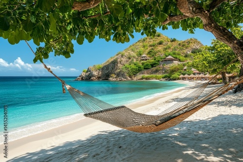 White hammock tied between trees on tropical beach with turquoise sea